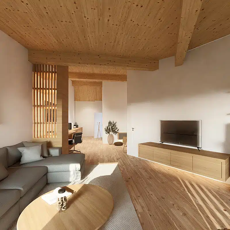 Rendering einer Dachgeschosswohnung in Thalgau. Wohnzimmer im Bild