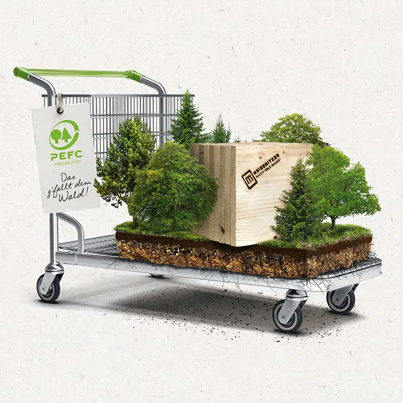 Einkaufskorb mit Bäume und Wandaufbau